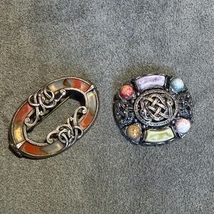 Scottish/Celtic-Inspired Silver Tone Brooches with Multicolor Inlay
